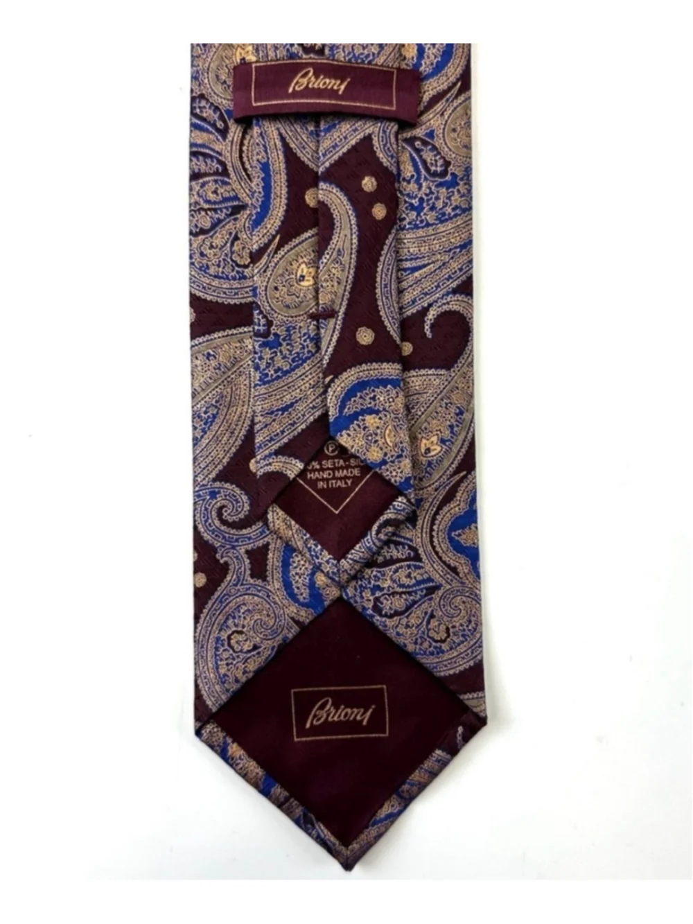Brioni silk paisley tie wine blue bronze tipped tie Made in Italy